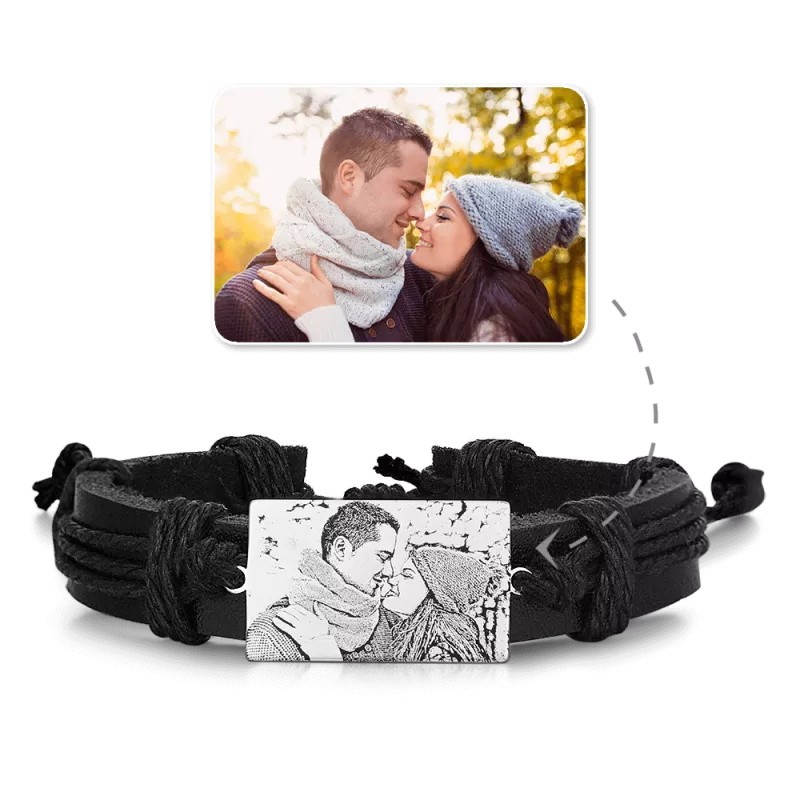 Heren rechthoek foto gegraveerde tag armband zwart lederen armband