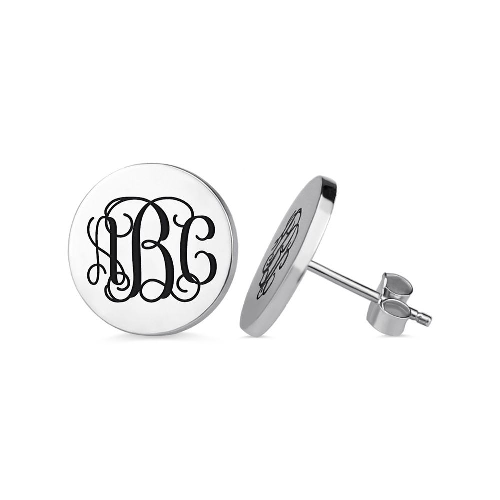 Gegraveerde schijf monogram oorknopjes in sterling zilver