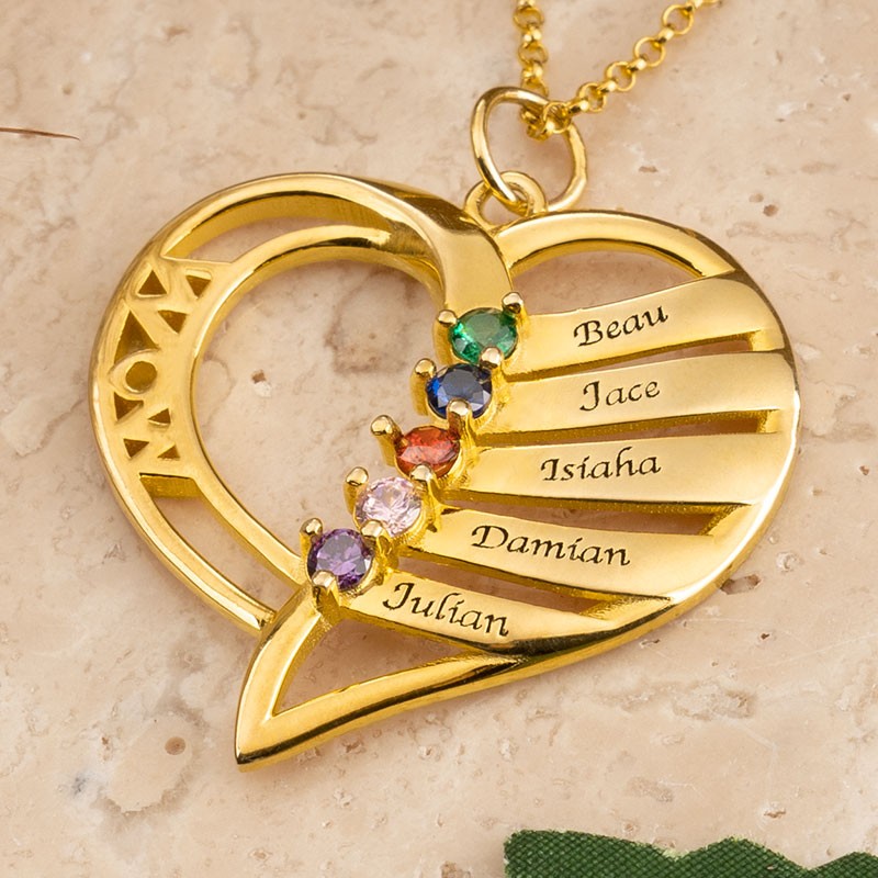 Gepersonaliseerde Hart Naam Ketting met 1-6 Geboortestenen Ontwerpen