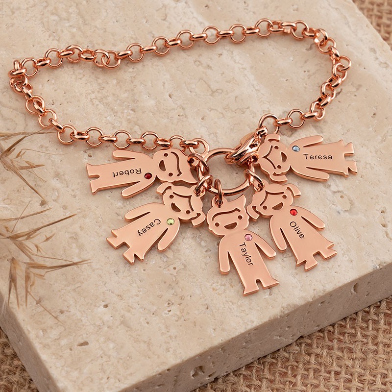 18K Rose Gold Plating gepersonaliseerde graveerbare armband met 1-6 kinderhangers