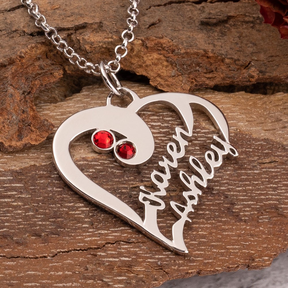 Twee Hart Forever Naam Ketting Met Geboortesteen Sterling Zilver