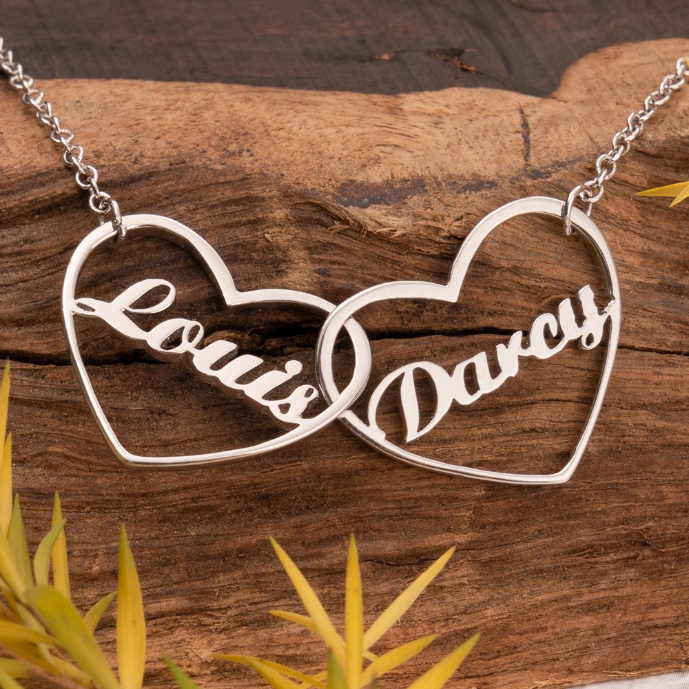 Gepersonaliseerde dubbel hart liefde naam ketting voor paar Valentijnsdag cadeau voor vriendin vrouw