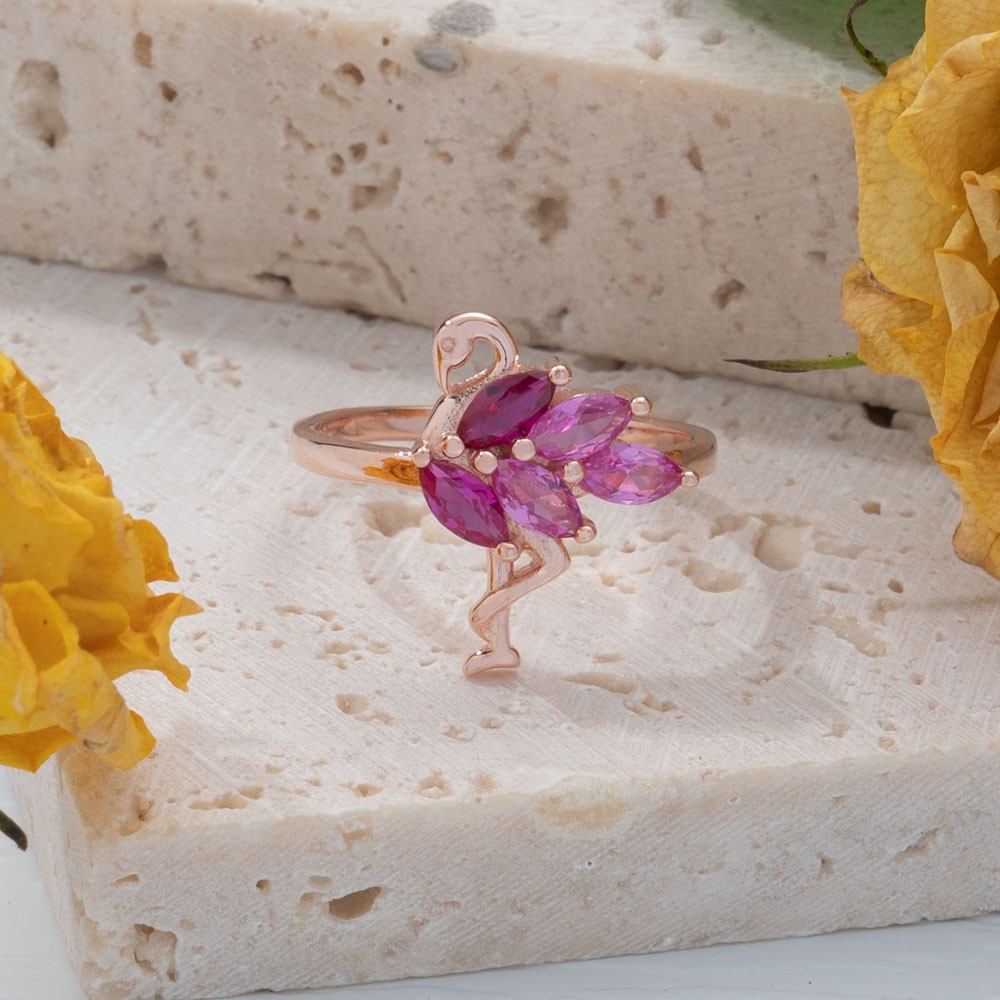 Sterling zilveren roze flamingo ring tropische vogel ring dierenvriend cadeau