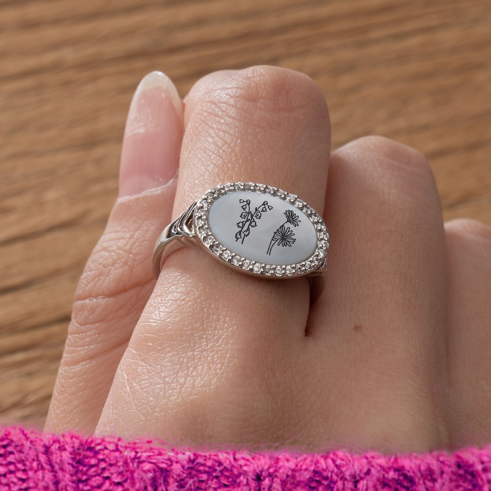 Gepersonaliseerde Shell Birth Flower Ring Floral Signet Ring Moederdag